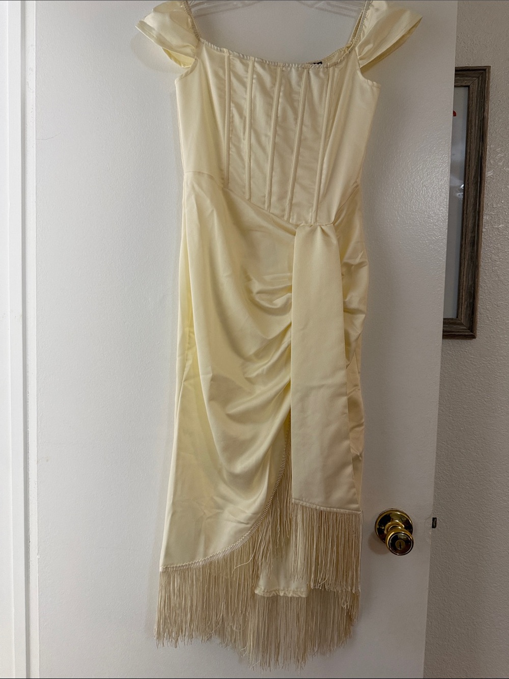 PrettyLittleThing Cream Satin Midi Dress with Fringe Hem